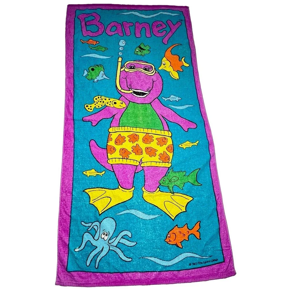 1992 Barney Snorkel Swimming Beach Towel Fish Ocean Lyons Group Vintage 29x60